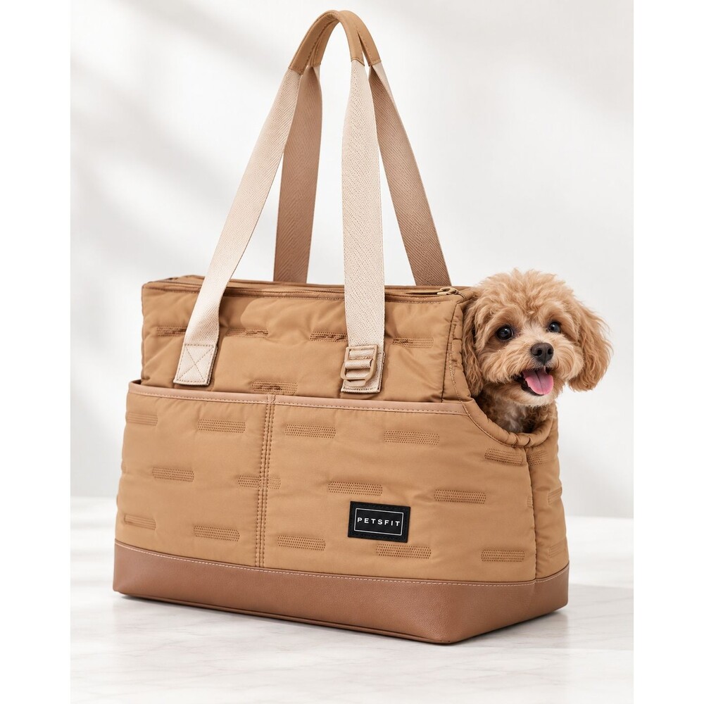 PETSFIT Small Dog Cat Carrier Tote Khaki Travel Purse Safety Leash 17x9x12